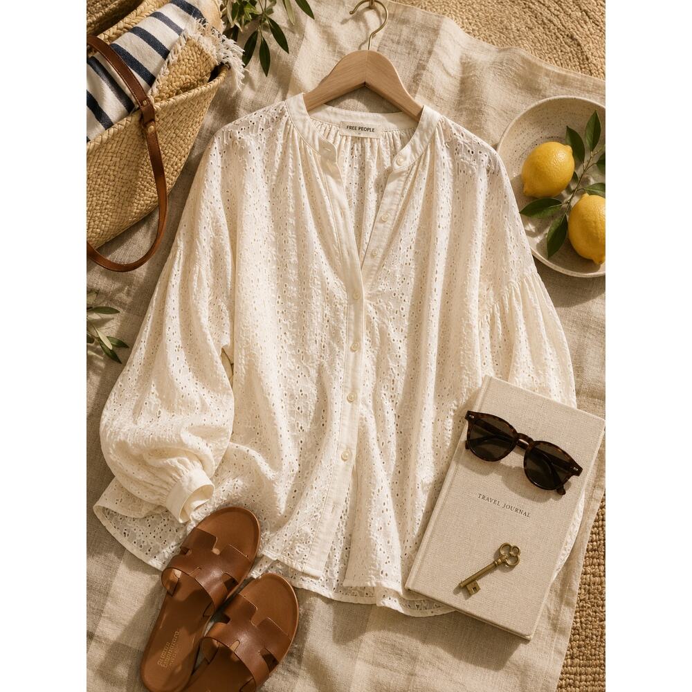 Free People Maddison Eyelet Cotton Blouse Ivory white Oversized Balloon XL - Picture 14 of 15